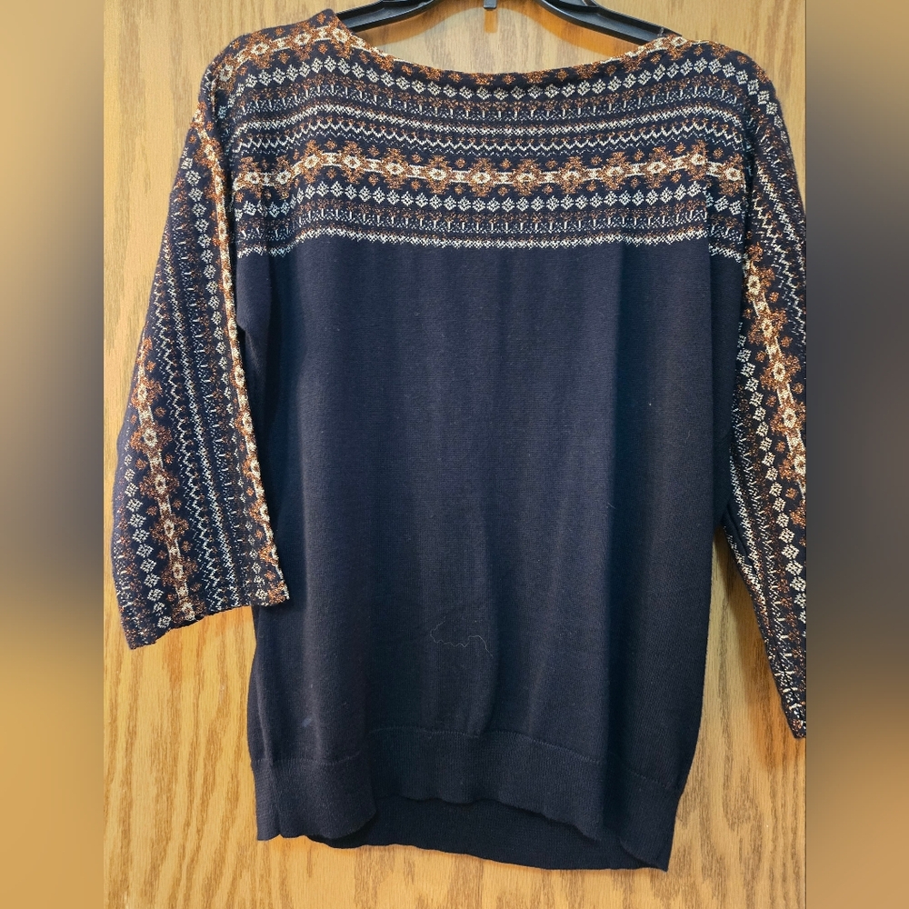Beautiful black 3/4 sleeve sweater with copper/brown metallic thread details.
